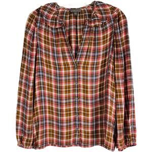 Point Sur peach brown blue plaid flannel ruffle button front shirt small